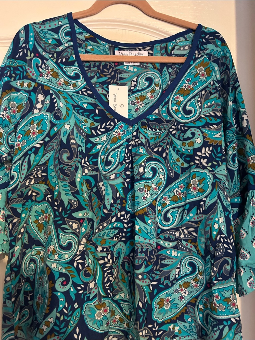 Vera Bradley Kelsey Daisy Paisley Blouse Bell Sleeves xl Fall Teal Navy Blue - Picture 3 of 3